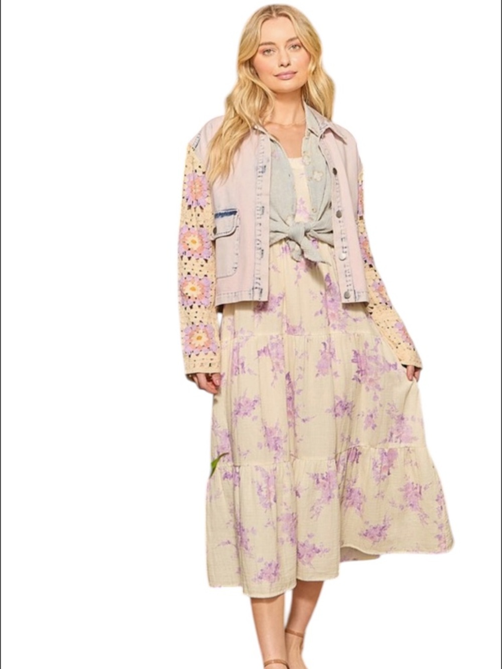 Mystree Pastel Pink Denim Jacket with Crochet Sleeves Sz Large - Picture 3 of 3